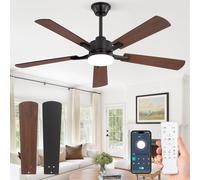 Ventilador de techo con luz LED, 132 cm, motor DC silencioso, 6 velocidades, control remoto y aplicación, aspas reversibles, madera, color /nogal, regulable de 10 a 100