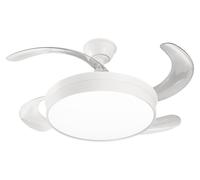 Ventilador de techo con luz, modelo Perenz 7165 B CT, color blanco. Diámetro: 106 cm. Cuenta con 4 aspas retráctiles, 6 velocidades, motor de corriente continua de 30W y es silencioso
