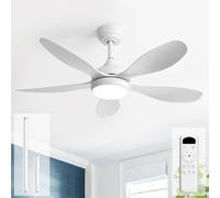 Ventilador de techo con luz y control remoto, 5 aspas, motor DC, temporizador, 3 temperaturas de color, 6 velocidades, funcionamiento para verano e invierno, diseño blanco y discreto