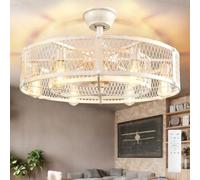 Ventilador de techo con rejilla y luz: Lámpara de techo estilo granja de 26 pulgadas en color cemento blanco con luz y control remoto - Ventilador rústico y silencioso para el dormitorio y la cocina
