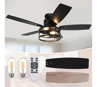 Ventilador de techo de 112 cm con iluminación, diseño compacto con 2 bombillas, temporizador de 1/2/4 horas, funcionamiento silencioso (menos de 30 dB), control remoto, ventilador de terraza reversibl