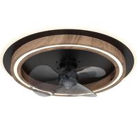 Ventilador de techo Globo, diseño moderno, con estructura metálica en color mate, apariencia de madera MDF oscura, carcasa de plástico opal y plástico ahumado. Funciones: regulable, múltiples velocida