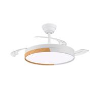 Ventilador de techo led con luz led 48W modelo AMAPOLA NIGHT con aspas retráctiles blanco/madera Ø108cm. Motor DC silencioso, Sistema CCT. Control remoto con temporizador, luz regulable en color e