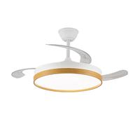 Ventilador de techo modelo SECUOYA blanco/madera motor DC 6 velocidades Tecnología Led 45W sistema CCT 4400 Lúmenes, Control remoto con temporizador, luz regulable en color e intensidad, Memoria motor