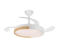 Ventilador de techo modelo VISTA en 2 acabados motor DC 6 velocidades Tecnología Led 45W sistema CCT 4400 Lúmenes, Control remoto con temporizador, luz regulable en color e intensidad, Memoria motor