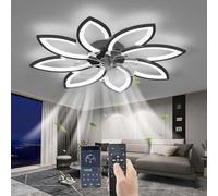 Ventilador de techo silencioso con luz, con control remoto, ventilador de techo LED regulable, lámpara moderna para salón o dormitorio, con 6 velocidades ajustables, color negro, 90 cm