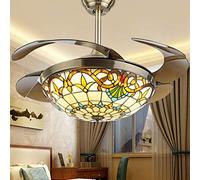 Ventilador de Techo Tiffany con luz, lámpara de Techo de Metal 42in led luz de Techo de Control Remoto con Hoja retráctil Ventilador de iluminación Regulable, Cuchillas Opacas