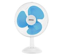 Ventilador Jocca de sobremesa de 12', con sistema de oscilación, cabezal reclinable, 3 velocidades, 30 cm de diámetro, 40W de potencia y disponible en blanco junto a dos colores azules y un elegante
