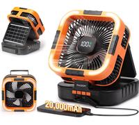 Ventilador para camping, con batería de 20000 mAh, energía solar, conexión USB-C, luz LED y 6 niveles de velocidad