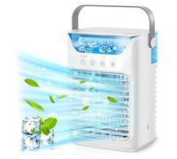 Ventilador portátil de aire acondicionado, mini ventilador de refrigeración de aire humidificador con luz nocturna, 3 velocidades de viento, 2 niebla fría, 3 temporizadores automáticos, tanque de agua