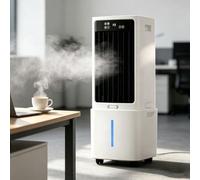 Ventilador refrigerante y humidificador 3-en-1, enfriador de aire portátil, depósito 12L, 3 velocidades y 3 modos, súper ahorro, pantalla digital, temporizador 12H, 4 ruedas y asa para hogar
