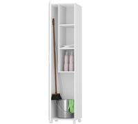 Vep Home - Armario Escobero Multiusos con Ruedas - 1 Puerta Reversible, Estantes y Espacio para Escoba y Fregona - Blanco, 183x42x41 cm - Mueble Auxiliar para Lavadero, Trastero o Cuarto de Limpieza