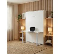 Vep Home Cama Abatible Vertical con Escritorio Integrado, Blanco, 135x190 cm, Diseño Minimalista, Ahorro de Espacio
