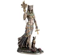 Veronese Design 10 3/4 pulgadas diosa egipcia Bastet sosteniendo instrumento Sistrum y cruz Ankh con gato estatua de resina fundida en frío escultura acabado bronce
