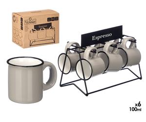 VESSIA Set de 6 Tazas de Café Gris con Soporte de Metal 100ml