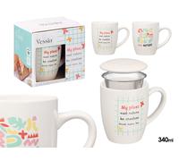 VESSIA Taza Porcelana Nature con Tapa y Filtro 340ml Blanco Surtida