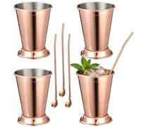 Vestamore Juego de 4 vasos de Julep de menta de acero inoxidable de 12 onzas, 3.5 x 4.5 pulgadas, cuatro pajitas agitadoras de 8.9 pulgadas, pulido de espejo, oro rosa, fiestas de bar en casa, bebidas