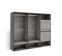 Vestidor abierto, ropa, zapatos, complementos, 180x145x35cm, dormitorio, habitación, zapatero, estilo moderno, cemento