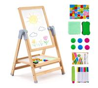 VEVOR 2 en 1 Caballete para Niños, Caballete de Madera de Doble Cara con Pizarra Magnética y Pizarrón, Tablero de Dibujo Plegable Giratorio de Pie Ajustable con Accesorios de Pntura para Niños
