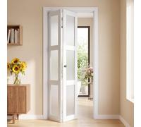 VEVOR 2 Paneles Puerta Corredera Plegable con Herrajes 914 x 2032 mm Blanco | para Armario, Dormitorio, Salón, Decoración Moderna, Cristal Translúcido, Kit Completo de Instalación, Madera, PVC y MDF
