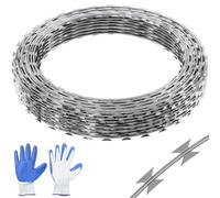 VEVOR Alambre de Espino 30 m 2 Rollos de Alambre de Espino Galvanizado en Caliente Malla de Alambre Protección Anti-Intrusión Cuchillas de Espino Afiladas con Guantes Protectores para Jardín, Balcón