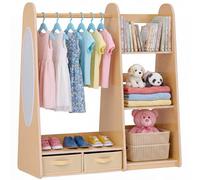 VEVOR Armario de Disfraces para Niños con Espejo, Mueble Montessori de Madera Natural, Perchero Infantil con Estantes, Organizador de Ropa con Compartimentos y Barra para Cuarto de Juegos y Dormitorio