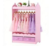 VEVOR Armario de Disfraces para Niños con Espejo, Perchero Infantil con Cajones, Organizador de Ropa, Mueble de Madera Estilo Cuento de Hadas con Barra y Compartimentos para Dormitorio, Juegos, Rosa
