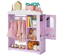 VEVOR Armario de Disfraces para Niños con Espejo, Perchero Infantil con Joyero, Mueble de Madera Estilo Cuento de Hadas para Dormitorio y Juegos, Organizador de Ropa con Barra y Compartimentos, Morado