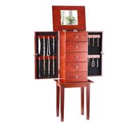 VEVOR Armario Joyero de Pie con 4 Cajones Armario de Madera para Guardar Joyas Espejo Abatible, 4 Compartimentos Superiores, 2 Puertas Laterales, con 16 Ganchos para Collares, 390 x 300 x 995 mm