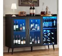 VEVOR Armario para Vinos 120 x 40 x 90 cm, Estantería para Vino con Espacio de Almacenamiento, Soporte para Copas, Brillo LED Ajustable, Correa Antivuelco, para Cocina, Sala de Estar, Comedor, Negro
