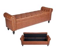 VEVOR Banco de Cuero con Botones, Banco Tapizado de Cuero Sintético 460 x 1660 x 560 mm con Almacenaje, Brazos Enrollados y Patas de Madera Maciza, Cojín de Espuma, para Sala de Estar, Marrón