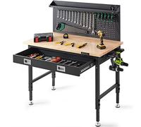 VEVOR Banco de Trabajo Altura Ajustable 71,1-100,3 cm Mesa de Trabajo de Garaje Taller de Madera Dura Carga de 907 kg Tablón de Roble y Acero al Carbono, Banco de Trabajo con Tomas de Corriente