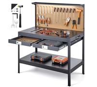 VEVOR Banco de Trabajo de Madera 1500 x 610 x 1200 mm, Capacidad 110 kg, Mesa de Trabajo con Panel Perforado, Luz LED, 4 Tomas, 2 Puertos USB, Cable de 1,5 m, 30 Ganchos y Cajón, para Taller, Garaje