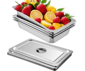 VEVOR Bandeja Rectangular de Acero Inoxidable, 50 x 30 x 10 cm 4 Piezas Bandeja Honda, Rectangular para Servir, Bandeja Profunda Bandeja de Acero Inoxidable, Bandeja para Arroz al Vapor con Tapas
