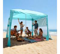 VEVOR Cabaña de Playa 2,4 x 2,4 m con Pared Lateral, Protección Solar UPF 50+, Pabellón con Sacos de Arena, Sombrilla Portátil y Ajustable en Altura para Familiares y Amigos, Verde Claro Liso