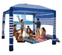 VEVOR, Cabaña de playa, 2,4 x 2,4 metros, con pared lateral, protección solar UPF 50+, incluye sacos de arena, parasol ajustable en altura y portátil para familias, diseño con rayas azul marino