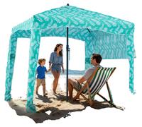 VEVOR Cabaña de Playa con Toldo Lateral, Ligero y Portátil, Protección Solar UPF 50+, Sacos de Arena y Sombrilla Portátil para Toda la Familia y Amigos, Rayas Verde Claro, 1830 x 1830 x 2290 mm
