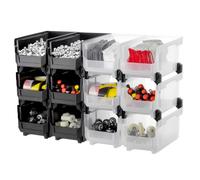VEVOR Cajas Apilables de Almacenamiento Abiertas, 377 x 215 x 180 mm, para Organizar y Guardar Piezas Pequeñas, Material de Oficina y Otros Accesorios, en Negro y Transparente, Paquete de 12