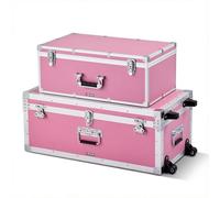 VEVOR Cajas de Transporte y Almacenamiento Juego de 2 Piezas, Pequeña 600 x 350 x 242 mm, Grande 816 x 452 x 460 mm con Ruedas, Maletín de Madera con Cerradura Asas Metálicas, para Viajes Equipo, Rosa