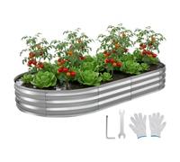 VEVOR Cama Elevada de Jardín 240 x 120 x 30 cm Ovalada, Arriate de Jardín de Metal con Fondo Abierto, para Cultivo de Flores Plantas Verduras con Accesorios para Patio, Balcón, Terraza, Plateado