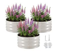VEVOR Cama Elevada de Jardín 60 x 60 x 30 cm Ovalada, Arriate de Jardín de Metal con Base Abierta, para Cultivo de Flores Plantas Verduras con Accesorios para Patio Balcón Terraza, 3 Piezas, Beige