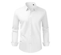 VEVOR Camisa para Hombre de Manga Larga Tamaño Mediano Antiarrugas Camisa con Botones Corte Entallado Camiseta de Ajuste Regular Suave y Elástica para Negocios, Informal, Trabajo, Boda, Cena, Blanco