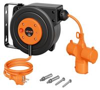 VEVOR Carrete de cable de 10 metros, 3000 W, enrollador automático de cable de 16 AWG/3 conductores, para montaje en techo o pared, con 3 enchufes, protección contra sobrecalentamiento de 56 °C, enchu