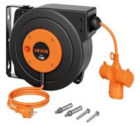 VEVOR Carrete de cable de 15 metros, 3000 W, enrollador automático de cable, calibre 16 AWG/3 conductores, para montaje en techo o pared, 3 enchufes, protección contra sobrecalentamiento de 56 °C, enc
