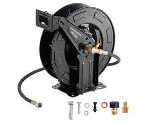 VEVOR Carrete de Manguera para Hidrolavadora 15,2 m x 9,5 mm, Retráctil de Acero, para Pared y Suelo, 275,8 bar de Presión, Rebobinado Automático para Lavado de Coches, Suelos y Jardines, Negro