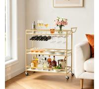 VEVOR Carro de Bebidas 3 Niveles, Carrito de Servicio con Ruedas 91x33x93,5 cm, Estantes de Tabla, Estructura de Hierro, con Botellero, Soporte para Copas, para Sala de Estar, Comedor, Marco Dorado
