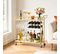 VEVOR Carro de Bebidas con Botellero de 2 Niveles, Carrito de Servicio con Ruedas y Asa, Estantes de Vidrio Espejado, Soporte para Copas, para Sala de Estar, Comedor, Cocina, 88x35x89 cm, Dorado