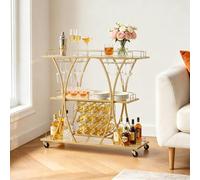 VEVOR Carro de Bebidas con Botellero de 3 Niveles, Carrito de Servicio con Ruedas, Estantes de Vidrio Espejado, Soporte para Copas, para Sala de Estar, Comedor, Cocina, 100 x 35 x 94 cm, Dorado