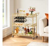 VEVOR Carro de Bebidas con Botellero de 3 Niveles, Carrito de Servicio con Ruedas y Asa, Estantes de Vidrio Espejado, Soporte para Copas, para Sala de Estar, Comedor, Cocina, 88x38x89 cm, Dorado