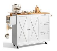 VEVOR Carro de Cocina con Tapa de Madera Maciza, 115 cm Carro Móvil con Armario de Almacenamiento sobre Ruedas, Mesa de Cocina Rodante con Estante de Especias, Toallero, Hoja Abatible y Cajón, Blanco